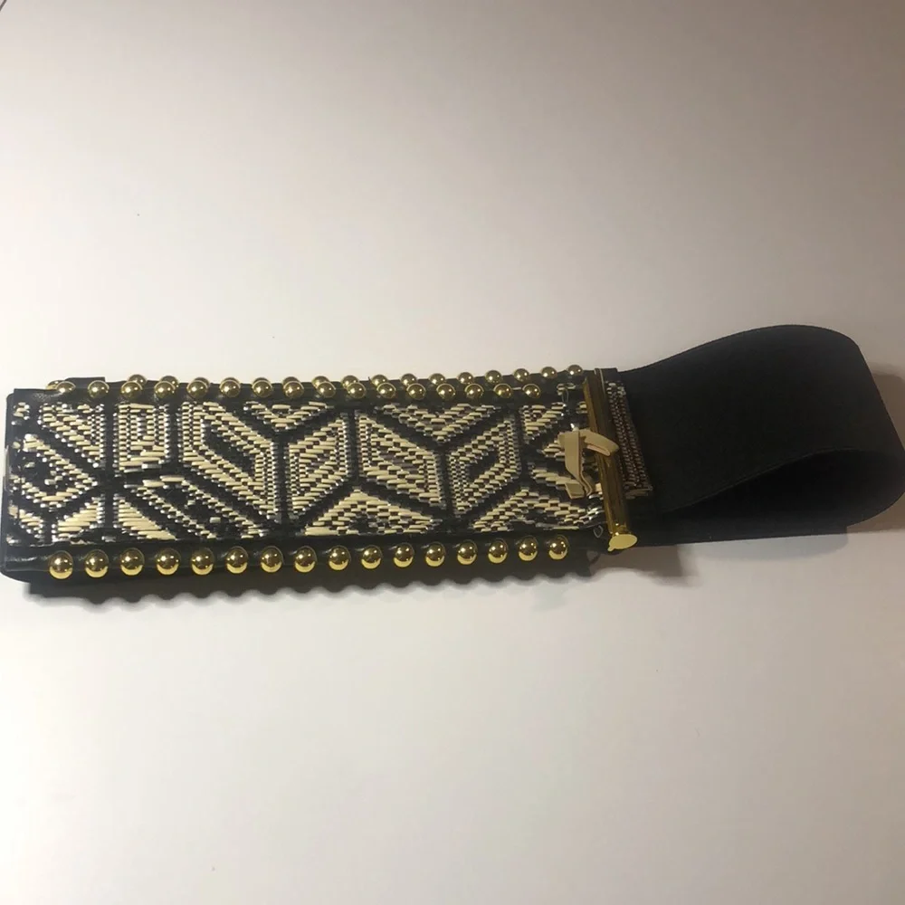 Woman’s spring Aztec bohemian statement gold trimming stretchy belt